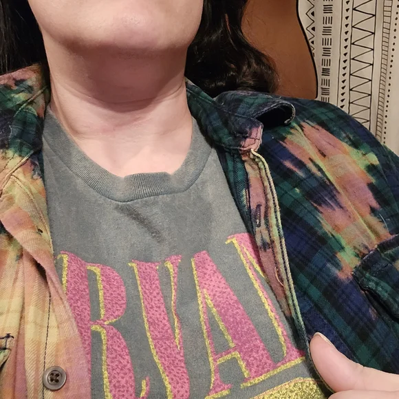 Fall Outfit Combo! Nirvana Tee & Tie Dye Plaid Button Up Shirt - Picture 11 of 11